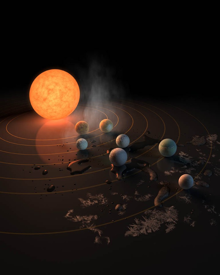 The TRAPPIST-1 star, an ultra-cool dwarf, has seven Earth-size planets orbiting it. This artist's concept appeared on the cover of the journal Nature in Feb. 2017 announcing new results about the system.